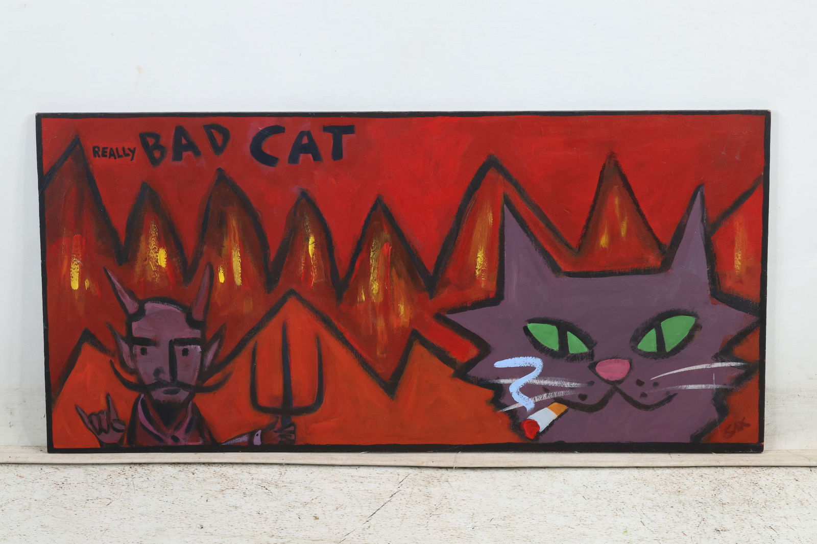 Steve Sax [b. 1960] American Pop Culture Artist " BAD CAT" Series Oil on Board Painting, Signed (1 of 16)