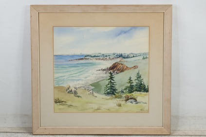 M V Nichols 1957, Watercolor Painting, Coastal Landscape, Sheep on Hillside