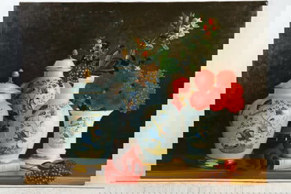 Signed Y Yeccaria, Fine 20th C. Realism Oil on Canvas Painting Porcelain Ginger Jars, Red Flowers