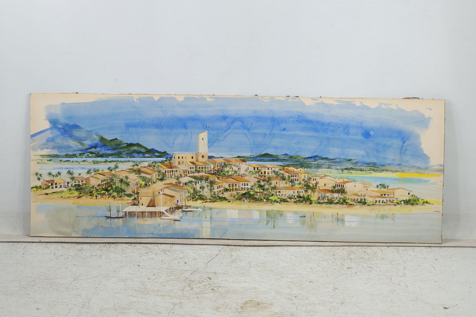 Jean Pages 1966, Watercolor Painting Tropical Town on a Peninsula, 15.5 in. x 44 in. (1 of 18)