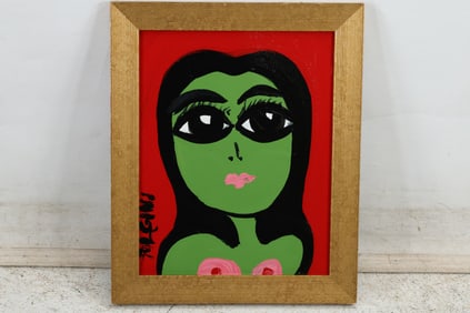 Thomas Pulgini, American, Pop-Art Abstract Oil on Board Painting, Green Woman Portrait