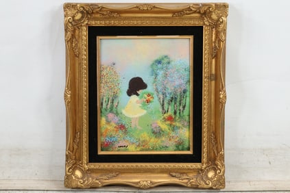 Signed Cardin, Enamel Art on Copper, Young Girl Holding Bouquet of Flowers, Framed