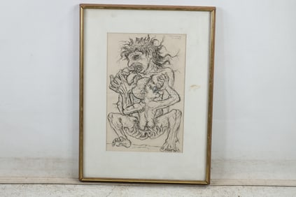 Artist Signed Peter Passuntino, Drawing Grotesque Figures "War Birth" Dated 1969, Framed