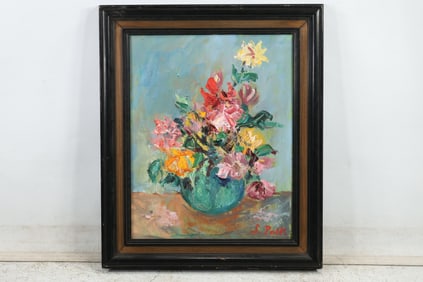 Signed S Polk, Impasto Oil on Board Painting Still Life Flowers in a Vase