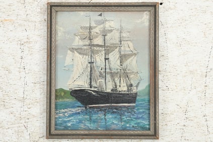 Artist Signed Illegible, Vintage Nautical Oil on Board Painting Full Sail Clipper Ship