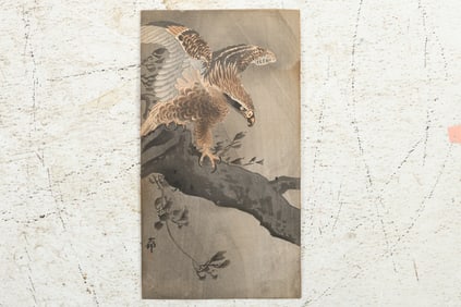 Japanese woodblock print titled "Eagle with Spread Wings on Tree Trunk" by Ohara Koson, circa 1910