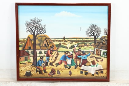 Branko Paradis, Croatia, Oil Painting Celebration with Dancing, Music, Signed, Dated '79