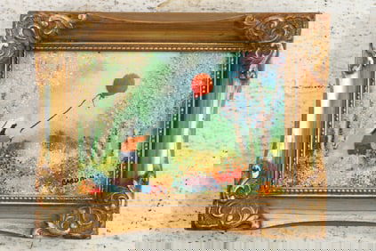 Signed Cardin, Enamel Art on Copper, Young Girl Holding a Balloon, Framed