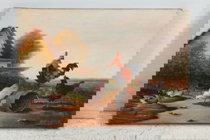 Signed Brandner, 19th C. Oil on Canvas Painting Barn Yard Chickens