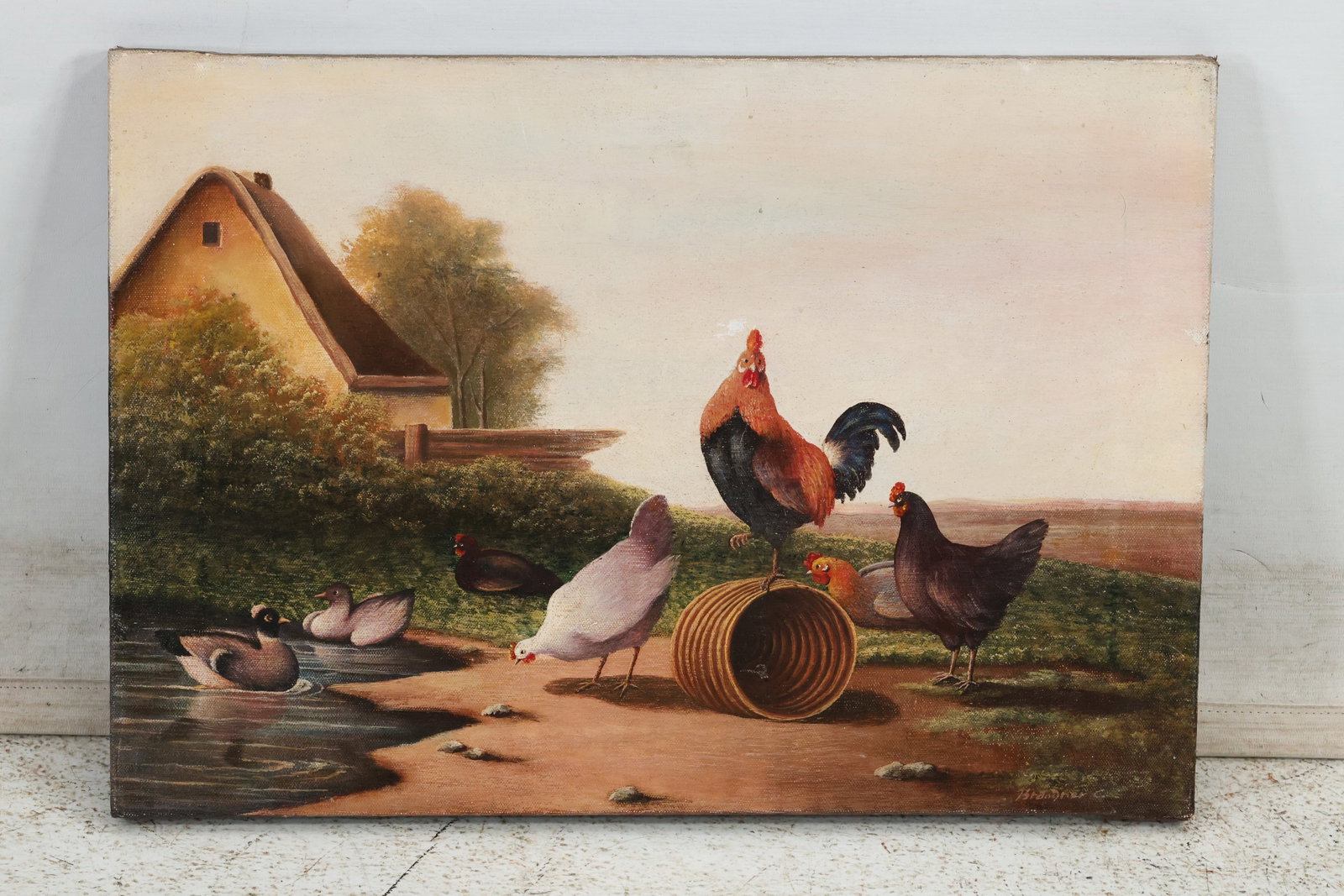 Signed Brandner, 19th C. Oil on Canvas Painting Barn Yard Chickens: Signed Brandner, 19th C. Oil on Canvas Painting Barn Yard Chickens. size: 20 x 14 some paint loss