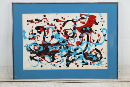 Fine 20th C. Blue Red Black Abstract Painting on Paper, Framed