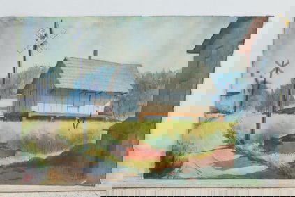Vintage Double Sided Watercolor Painting Cabin at Railroad Crossing / Mountains Landscape