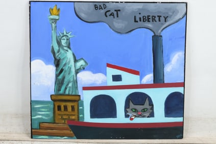 Steve Sax [b. 1960] American Pop Culture Artist " BAD CAT in NYC" Oil on Board Painting, Signed