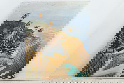 Arlene, Oil on Board Painting, Woman Looking at Photo on Cliff Edge