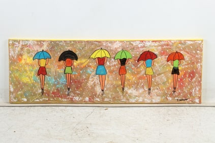 Dennis Sakelson, American, 20th C. Oil on Canvas Painting 6 Young Women with Umbrellas