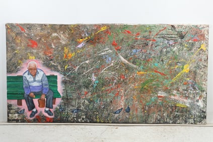 20th C. Oil on Board Painting Man on Park Bench, Abstract Landscape 24 in. x 48 in.