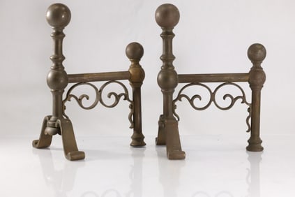 Circa 1880s Victorian Style English Brass Firedogs or Chenet Andirons 9 in. height x 8 in. length