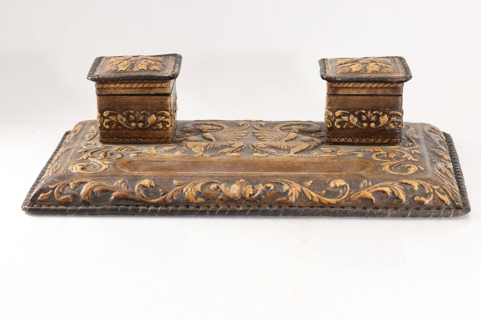 Antique Tooled Leather Desk Top Double Inkwell 14 inches length (1 of 20)