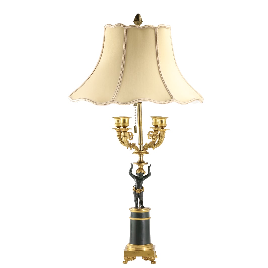 Antique French Empire Gold Gilt and Black Putti Figure Candelabrum Table Lamp 28 in. height: Antique French Empire Gold Gilt and Black Putti Figure Candelabrum Table Lamp 28 in. height. size: 28h x 15w