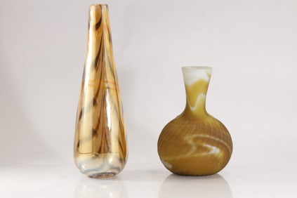 2 Amber Color Art Glass Vases Tall 12 in. height; Smaller 7 in. height
