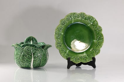 Green Ceramic Cabbage Covered Jar and Under Plate, Portugal