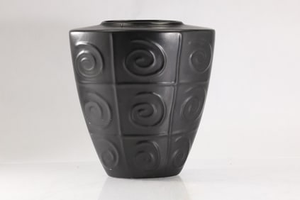 Stylish Art Deco Black Pottery Vase Circle Scroll Design 9 in. height x 9 in. wide