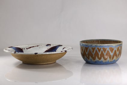 2 Signed Studio Art Pottery Bowls, larger 14 in. diameter