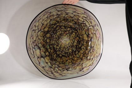Large 22 in. diameter Art Glass Multi Color Round Serving Plate with Signature Illegible