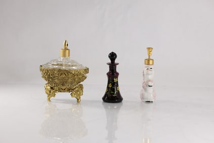 3 Assorted Perfumers: Fancy Brass Cased, Poodle Figurative, Amythest Glass with Enamel Flowers