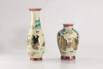 2 Japanese Satsuma Cabinet Vases 8 in. height