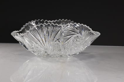 American Brilliant Oblong Cut Glass Bowl, Clear Large Star / Chevron Fan, 12 in. length
