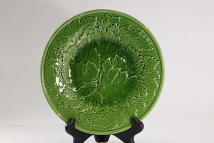 6 Green Glazed Ceramic Cabbage Plates 10 in. diameter, Portugal
