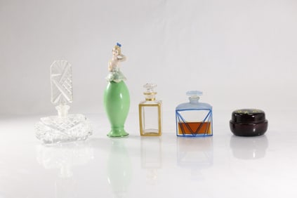 Estate Grouping 5 Vintage Perfume Bottles and Amethyst Small Round Enameled Trinket Box