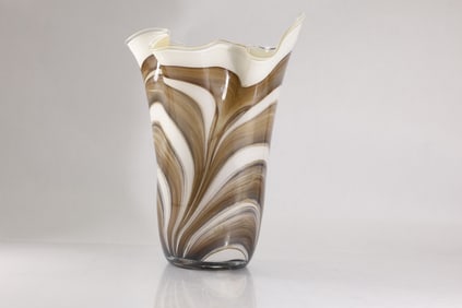 Art Glass Floral Vase White with Coffee Swirl Design, Ruffled Rim, 13.5 in. height x 11 in. wide