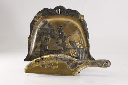 Vintage Cast Metal Japanese Scenic 2 piece Crumb Catcher Set, Original Patina