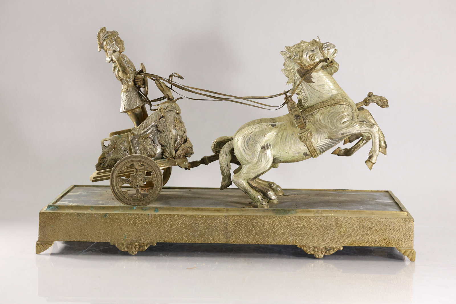 Vintage Cast Metal Roman Soldier in Horse Drawn Chariot Grouping Statue 17 in. length: Vintage Cast Metal Roman Soldier in Horse Drawn Chariot Grouping Statue 17 in. length. size: 10h x 17w