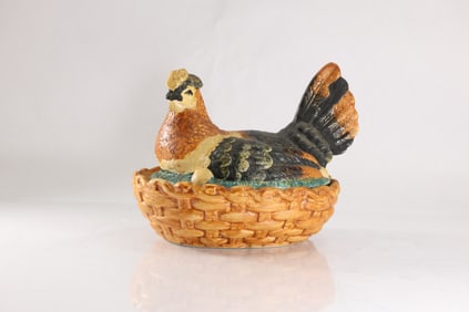 Fine Porcelain Hen Chicken in a Basket Covered Bowl 8 in. height x 10 in. wide
