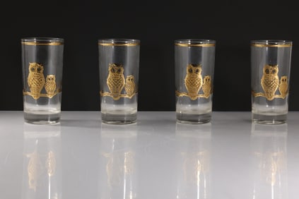 Set 4 Culver 22K Gold OWLS Highball Glasses Mid-Century Modern Barware