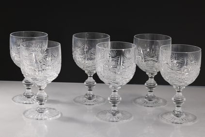 Set of 6 Elegant Cut Glass Crystal Wine Stemware