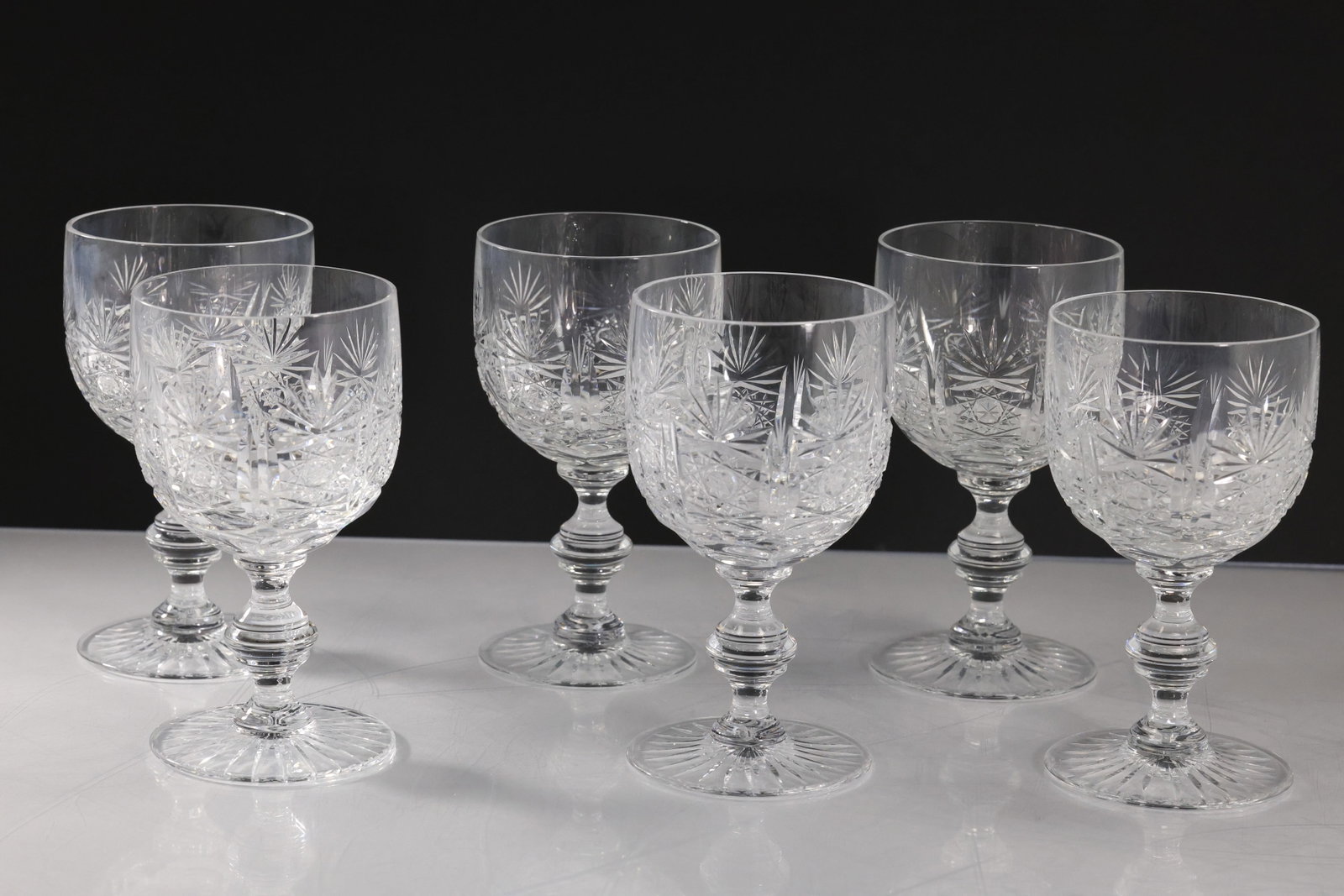 Set of 6 Elegant Cut Glass Crystal Wine Stemware: Set of 6 Elegant Cut Glass Crystal Wine Stemware. size: 6h x 4w