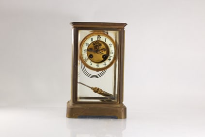 Brass Crystal Regulator Mantle Clock, Beveled Panels, Pendulum and Key