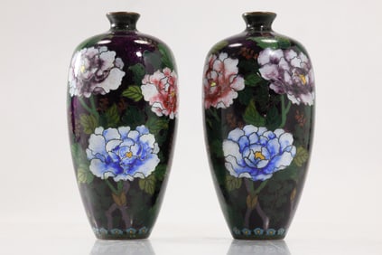 Pair Fine Cloisonne Cabinet Vases with Floral Decoration 6.5 in. height x 2.75 in.