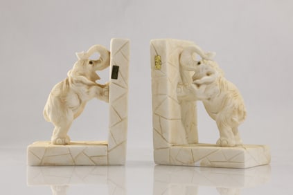 ART DECO ELEPHANT BOOKENDS Alabaster Stone, Made in Italy, marked with "M"