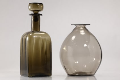 2 Mid-Century Modern Italian Olive Color Glass Decanters