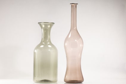 2 Mid-Century Modern Tall Glass Decanters Olive Color and Amethyst 14 in. & 18.5 in. heights