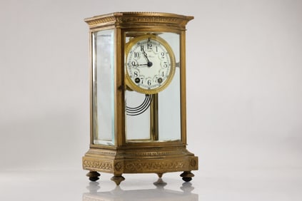 Seth Thomas Crystal Regulator Clock, Brass Case, Beveled Glass Panels, Enameled Dial