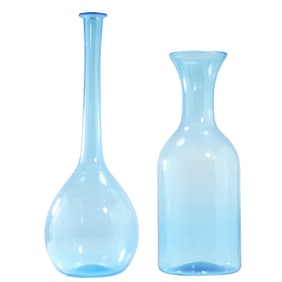2 Tall Light Blue Glass Decanters / Bottles 18.25 in. height & 15.5 in. height, Mid-Century Modern