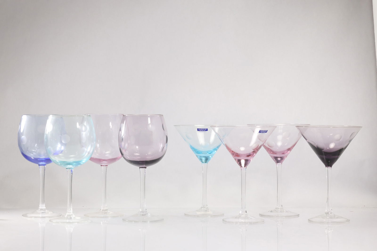 8 Marquis by WATERFORD Set 4 Colored Glass Wine and Set 4 Colored Glass Martini Glasses: 8 Marquis by WATERFORD Set 4 Colored Glass Wine and Set 4 Colored Glass Martini Glasses. size: 8.5 h 3.75 w , 7.5 h 5.25w