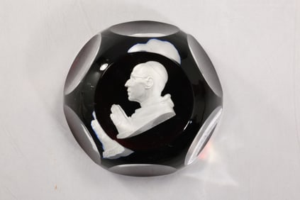 Signed BACCARAT Crystal POPE Sulphide Faceted Paperweight