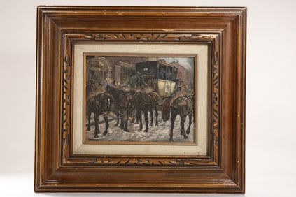 20th C. Etching on Resin Panel BOSTON POST ROAD HORSE DRAWN CARRIAGE, Framed